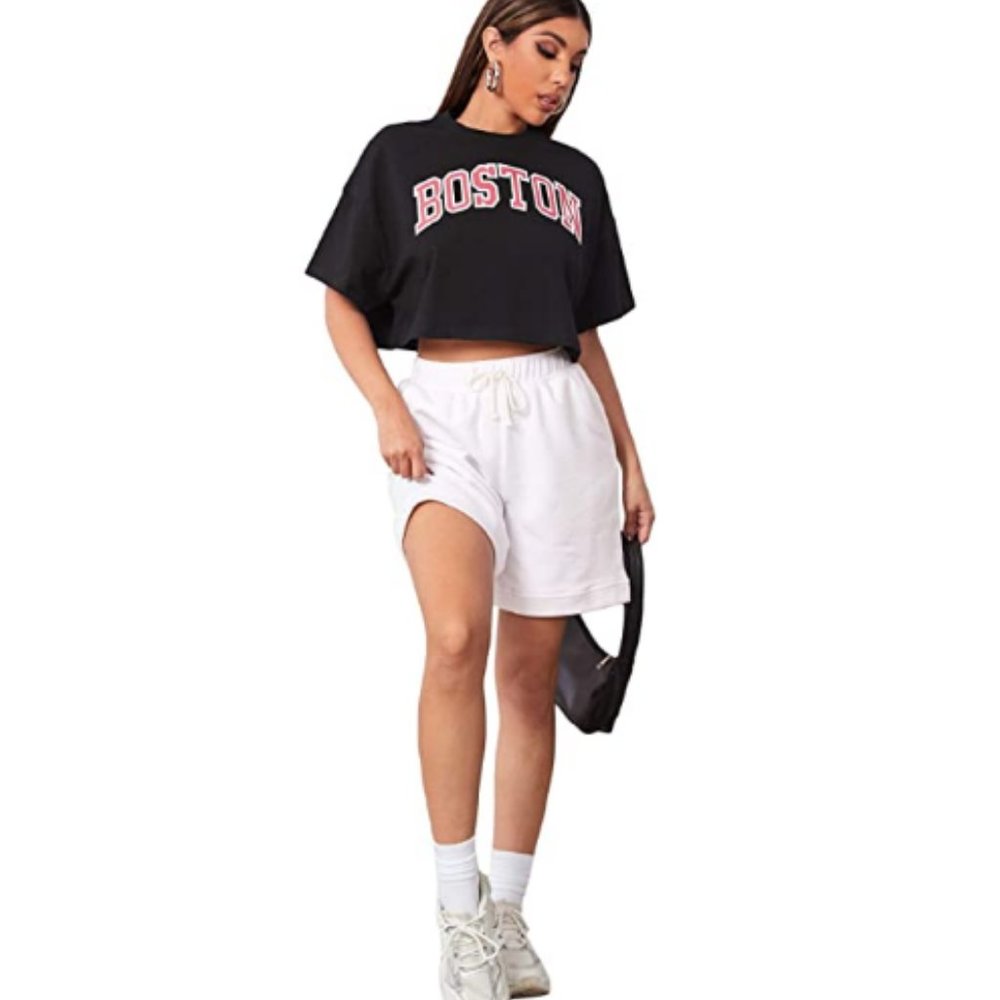 Womens Boston Logo Short Sleeve Crop Top T Shirt - Picture 3 of 4